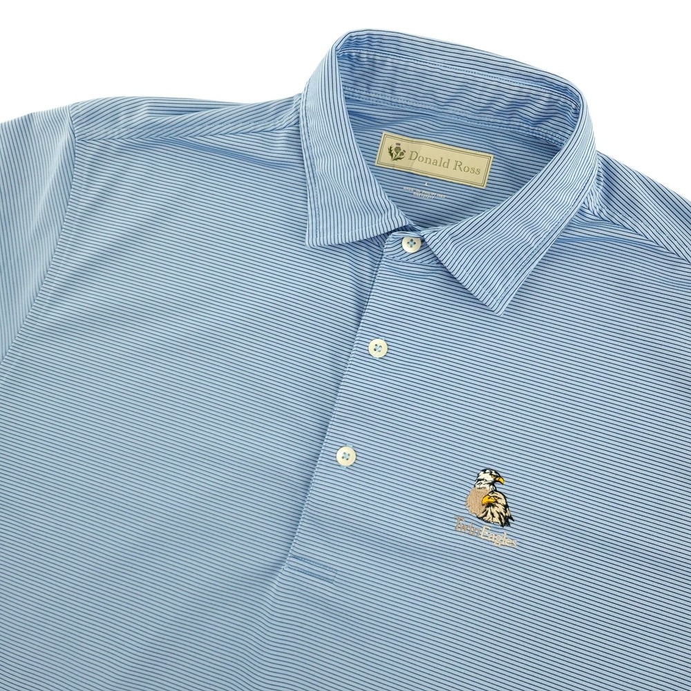 Donald Ross Polo Shirt Mens L Blue Stripe Twin Eagles Logo Golf Performance Top